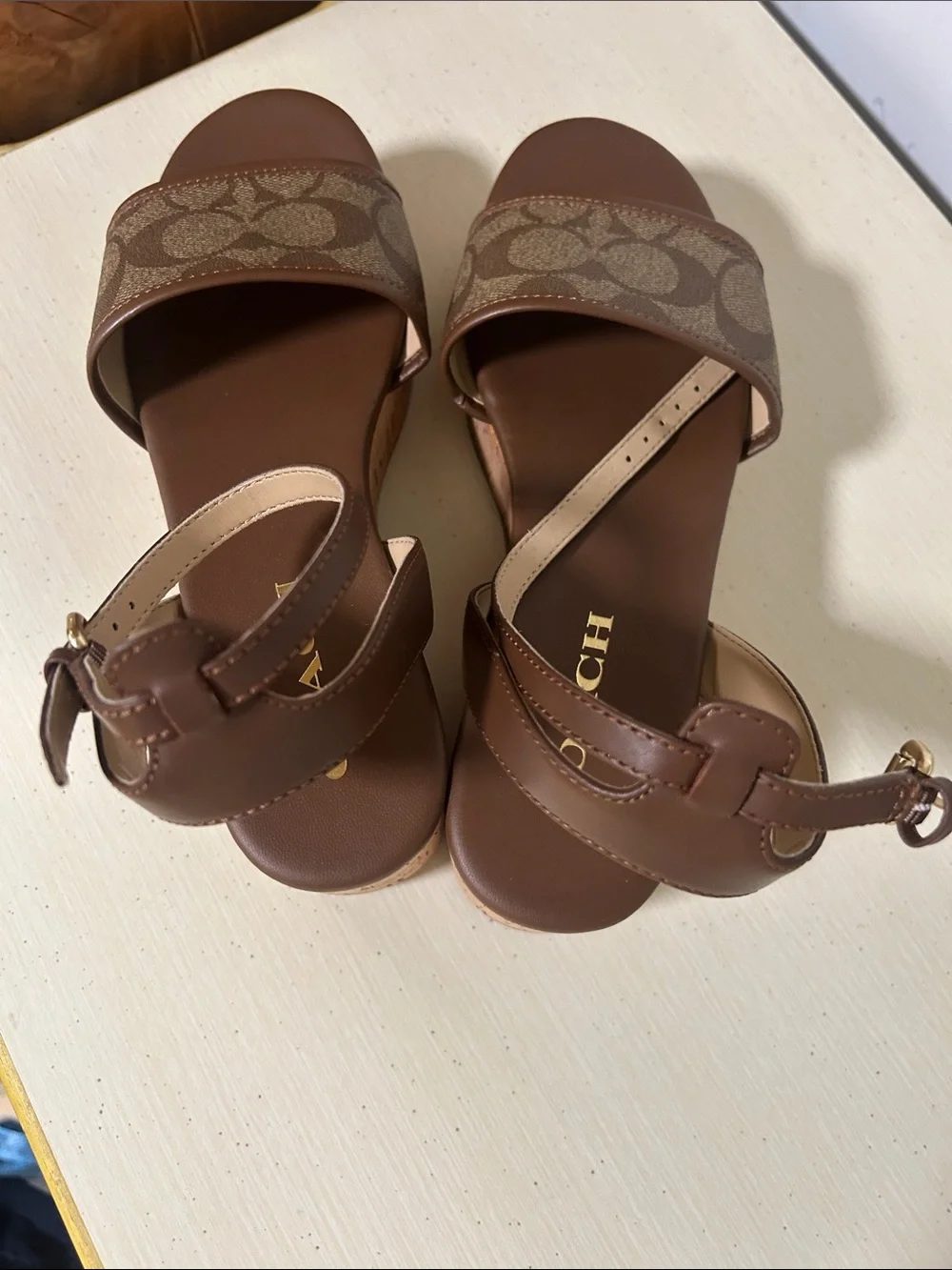 Coach Brown Signature Canvas Cork Platform Sandals with Ankle Strap NWOT